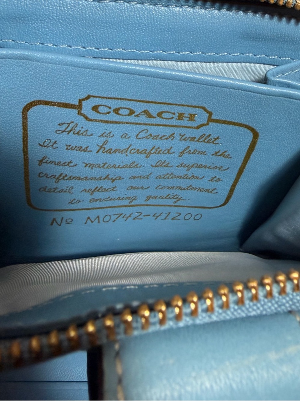 Coach Khaki Signature Blue Strim Leather Zip-Around Credit Card Wallet - Picture 12 of 13